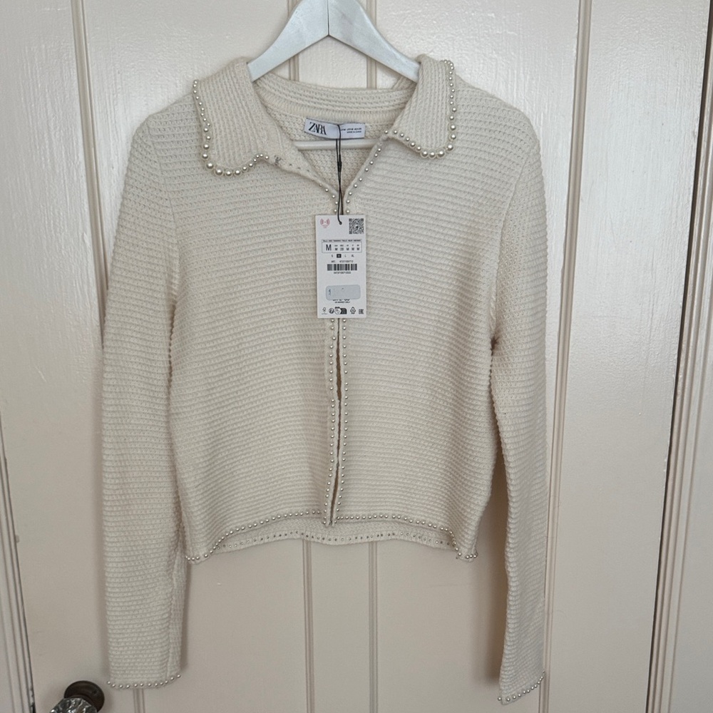 Zara Ivory Knit Sweater with Pearl Accents